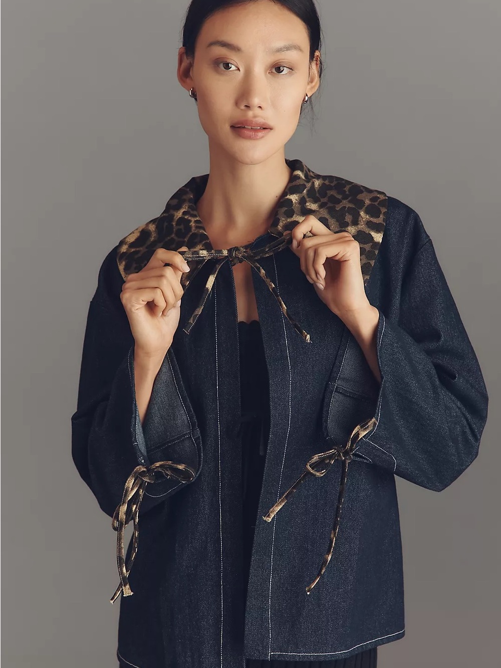 Maeve Anthropologie Leopard Collar Denim Boxy Jacket One Size